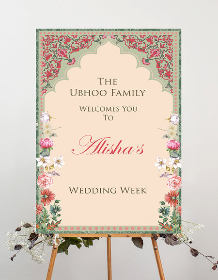 A1 personalised portrait Wedding welcome poster mounted on board can be placed 
on easel with green and pick floral pattern with an arch