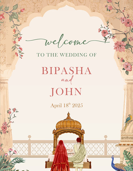 A1 personalised portrait Wedding welcome poster mounted on board can be placed 
on easel with mughal theme arch flowers and couple on balcony