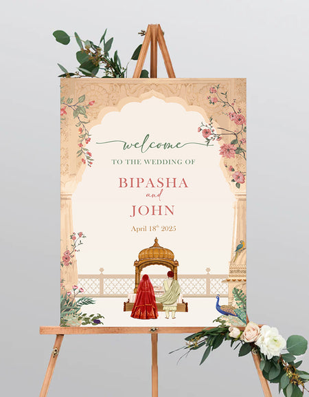 A1 personalised portrait Wedding welcome poster mounted on board can be placed 
on easel with mughal theme arch flowers and couple on balcony