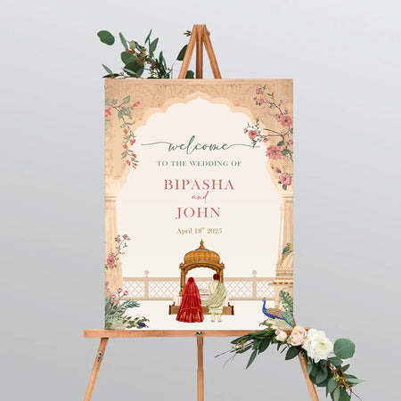 A1 personalised portrait Wedding welcome poster mounted on board can be placed 
on easel with mughal theme arch flowers and couple on balcony