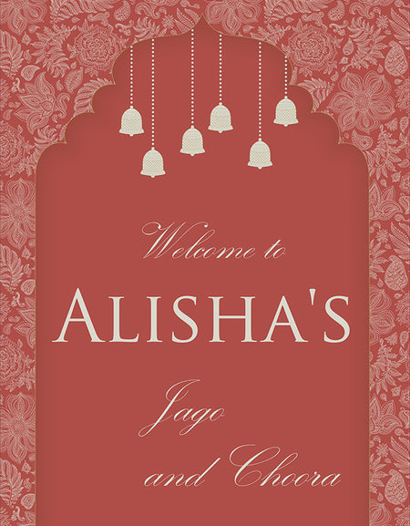 
A1 personalised portrait Wedding welcome poster mounted on board can be placed 
on easel with arch in red colour with some bells hanging 
from top and sides are covered in floral pattern