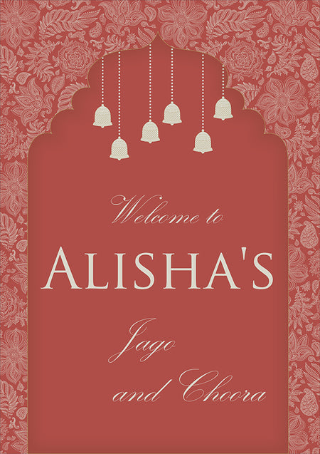 
A1 personalised portrait Wedding welcome poster mounted on board can be placed 
on easel with arch in red colour with some bells hanging 
from top and sides are covered in floral pattern