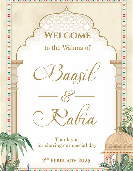 A1 personalised portrait Wedding welcome poster mounted on board can be placed 
on easel with mughal theme arch leaves and peacock 