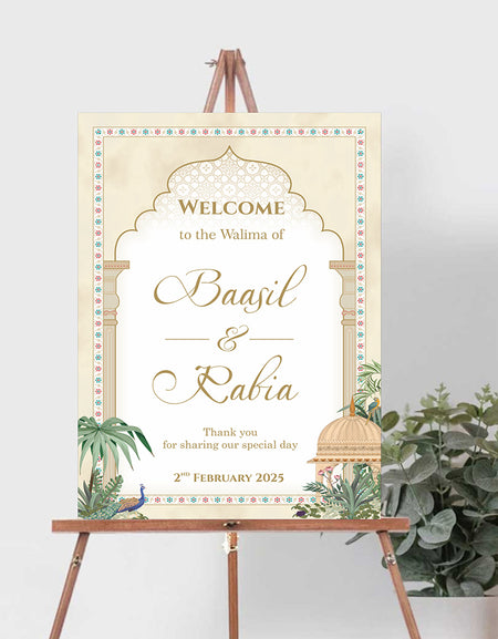 A1 personalised portrait Wedding welcome poster mounted on board can be placed 
on easel with mughal theme arch leaves and peacock 
