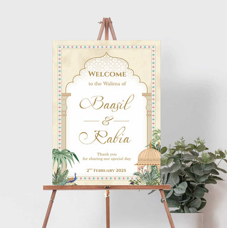 A1 personalised portrait Wedding welcome poster mounted on board can be placed 
on easel with mughal theme arch leaves and peacock 