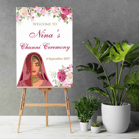 2065 – Bold A1 Size Chuni Welcome Poster Sign with pink Flowers & Bride caricature