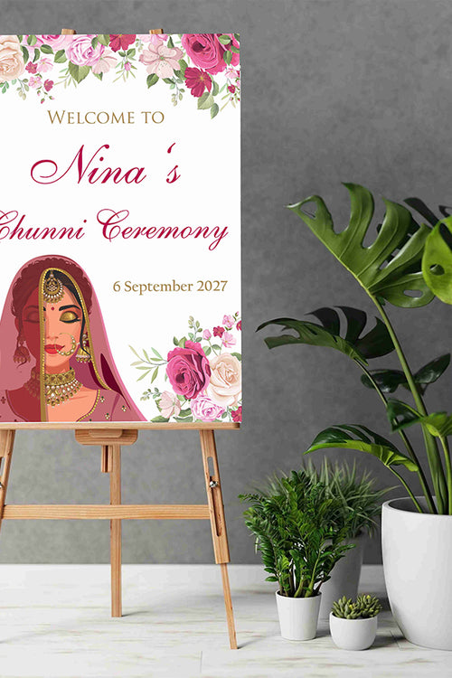 Load image into Gallery viewer, 2062 – Bold A1 Size Chuni Welcome Poster Sign with pink Flowers &amp; Bride caricature
