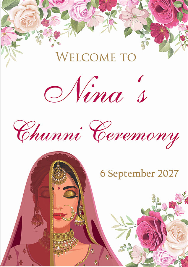 2062 – Bold A1 Size Chuni Welcome Poster Sign with pink Flowers & Bride caricature