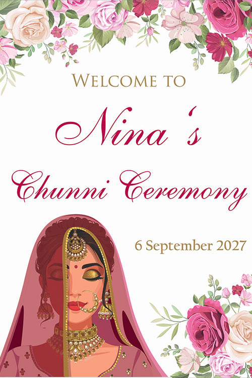 Load image into Gallery viewer, 2062 – Bold A1 Size Chuni Welcome Poster Sign with pink Flowers &amp; Bride caricature

