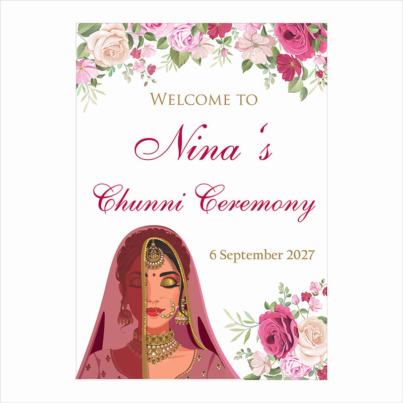 2062 – Bold A1 Size Chuni Welcome Poster Sign with pink Flowers & Bride caricature