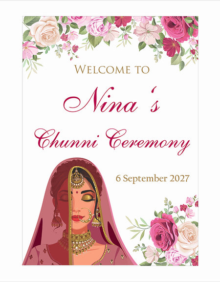 2062 – Bold A1 Size Chuni Welcome Poster Sign with pink Flowers & Bride caricature