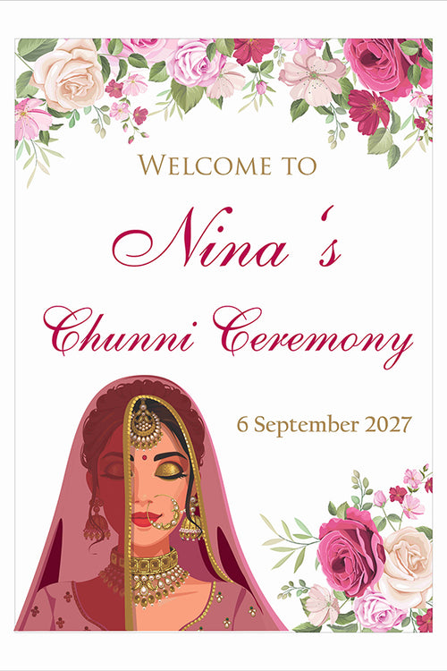 Load image into Gallery viewer, 2062 – Bold A1 Size Chuni Welcome Poster Sign with pink Flowers &amp; Bride caricature
