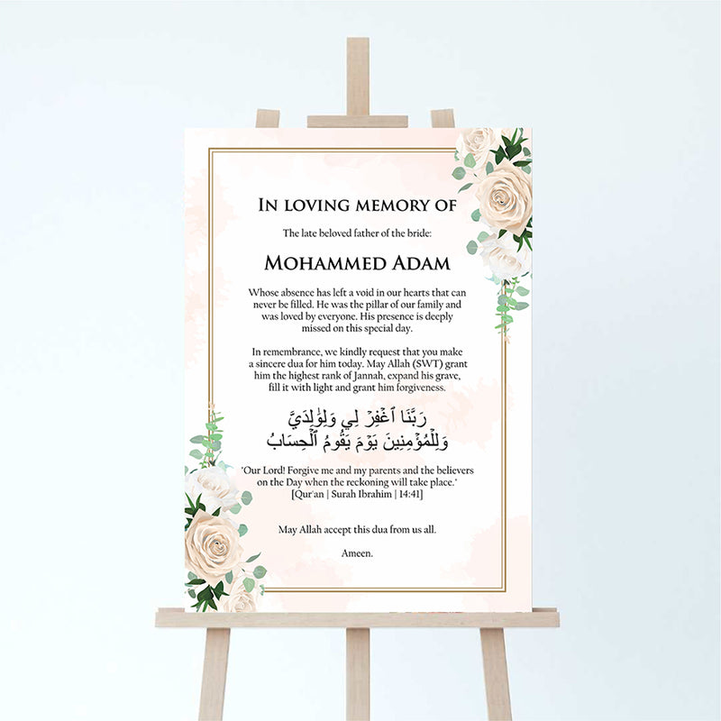 2066 A1 In Loving Memory Sign - White & Ivory Roses Corner Design