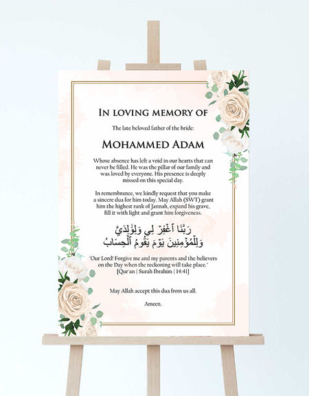 2066 A1 In Loving Memory Sign - White & Ivory Roses Corner Design