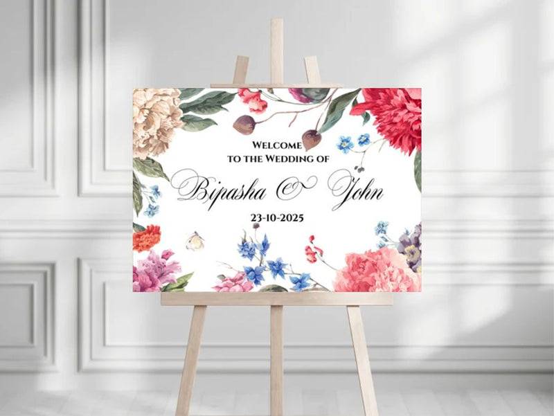 Floral entrance sign featuring a colorful peony design, perfect for weddings and events. Shaadicards