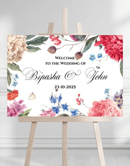 Floral entrance sign featuring a colorful peony design, perfect for weddings and events. Shaadicards