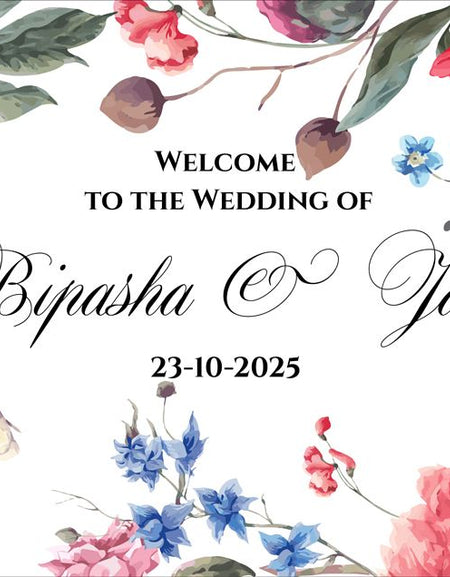 Custom wedding welcome board with vibrant floral elements for a romantic touch. Saddi cards