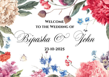 Custom wedding welcome board with vibrant floral elements for a romantic touch. Saddi cards