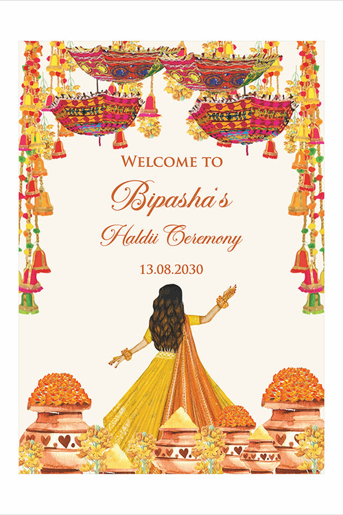Load image into Gallery viewer, 2073 – A1 Yellow and Orange Mehndi / Dholki / Haldi / Pre wedding poster
