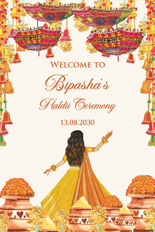 Load image into Gallery viewer, 2073 – A1 Yellow and Orange Mehndi / Dholki / Haldi / Pre wedding poster

