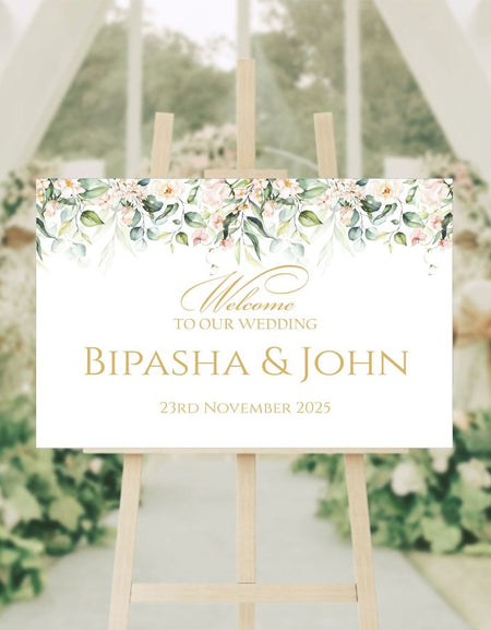 Floral-themed wedding welcome board with elegant botanical design in landscape orientation
