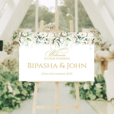 Floral-themed wedding welcome board with elegant botanical design in landscape orientation