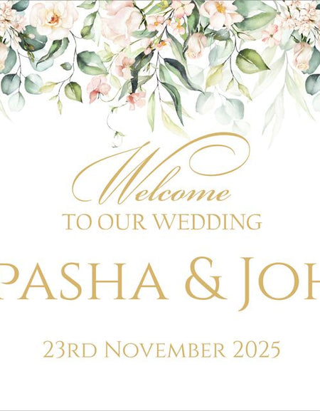 Luxury wedding entrance board featuring ivory roses, green foliage, and stylish gold typography