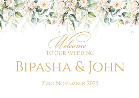 Luxury wedding entrance board featuring ivory roses, green foliage, and stylish gold typography