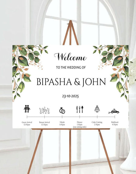 Personalised wedding entrance board with green and yellow botanical design in landscape shadi cards