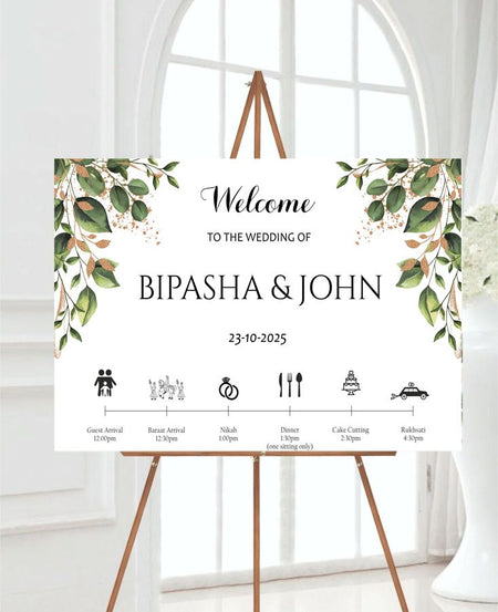 Personalised wedding entrance board with green and yellow botanical design in landscape shadi cards