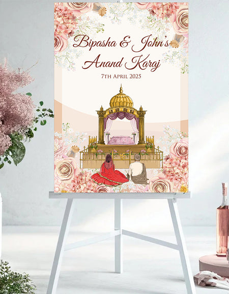 Peach Flowers Sikh Wedding Welcome Board Sign poster