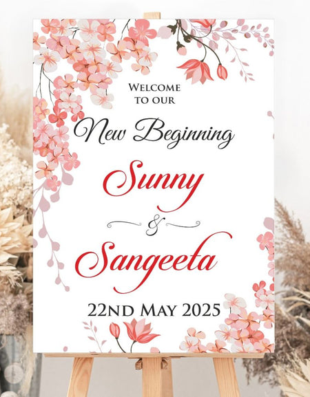 A1 floral wedding welcome sign with dainty pink watercolor flowers, printed on foam board by Shaadi cards