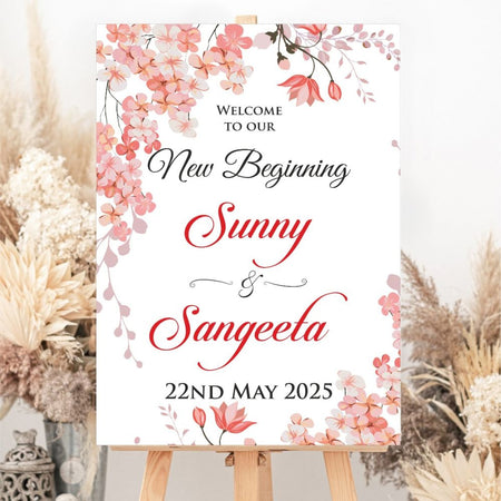 A1 floral wedding welcome sign with dainty pink watercolor flowers, printed on foam board by Shaadi cards