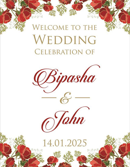 Elegant wedding entrance sign with lush rose floral design, ideal for receptions and bridal showers from Shaadi Card