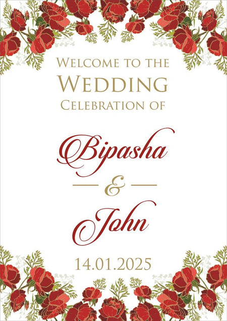 Elegant wedding entrance sign with lush rose floral design, ideal for receptions and bridal showers from Shaadi Card