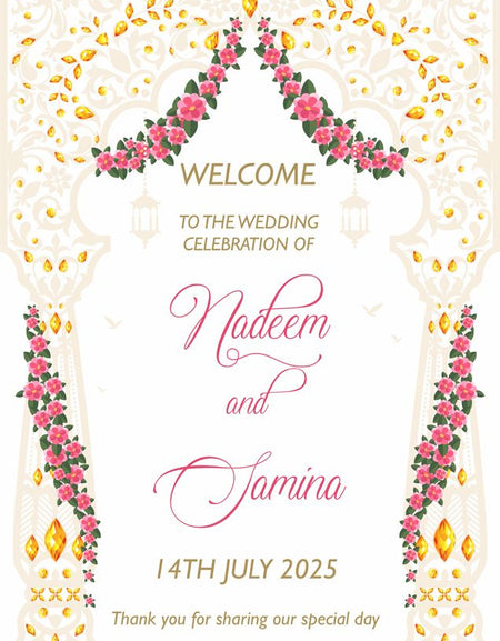 Pakistani Mehndi or Nikah Design Welcome Sign with Floral Garland in Pink and yellow