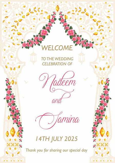 Pakistani Mehndi or Nikah Design Welcome Sign with Floral Garland in Pink and yellow