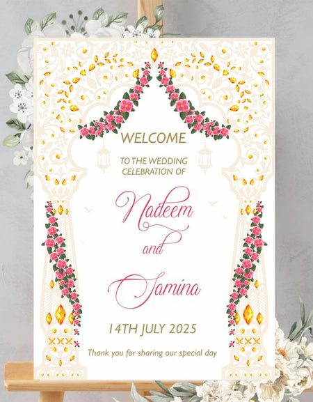 Desi Indian Pakistani Floral Design Ladies Sangeet or Mahndi Welcome Board Sign Poster