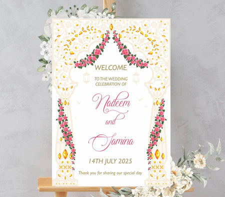 Desi Indian Pakistani Floral Design Ladies Sangeet or Mahndi Welcome Board Sign Poster