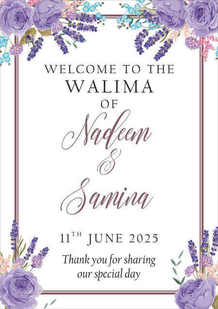 Wedding Welcome Sign Board Poster with Purple floral design and frame