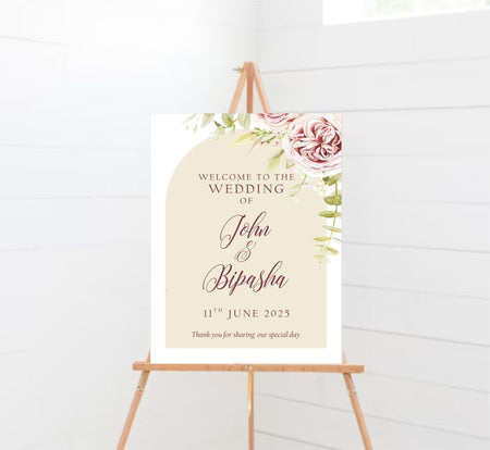 Pink floral Wedding Party welcome sign poster with an Arch design