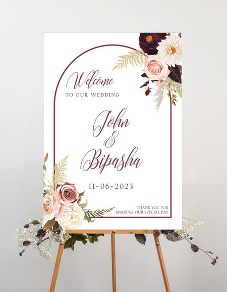 Front view of 2020 A1 Mounted Welcome Board Poster with burgundy, pink, white, and green floral corners and a maroon arch border.
