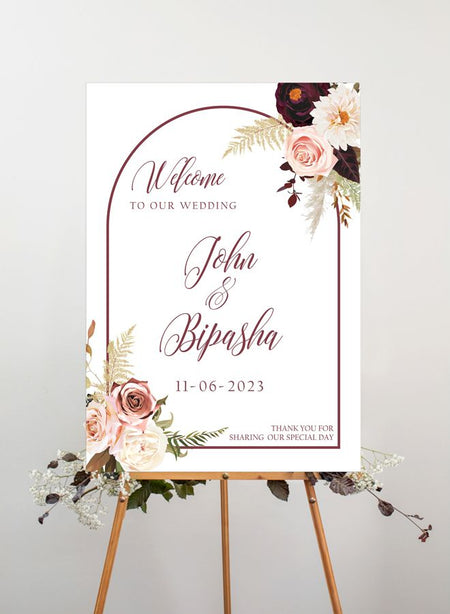 Front view of 2020 A1 Mounted Welcome Board Poster with burgundy, pink, white, and green floral corners and a maroon arch border.