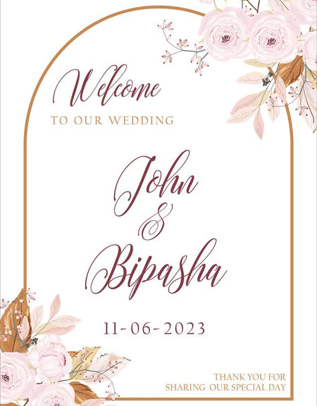 Close-up of dusky pink roses and brown autumnal leaves on the 2021 Welcome Board, showcasing its rustic and elegant design from shadi cards