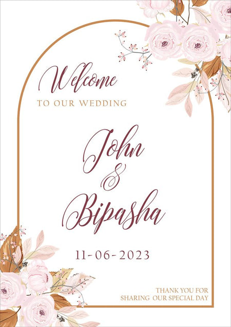 Close-up of dusky pink roses and brown autumnal leaves on the 2021 Welcome Board, showcasing its rustic and elegant design from shadi cards