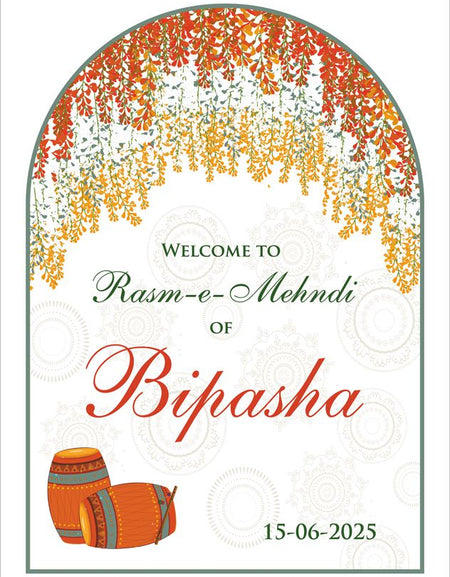 A1 Mehndi welcome board with arch design, hanging floral stems, and dholki illustration from Shaadi card.com