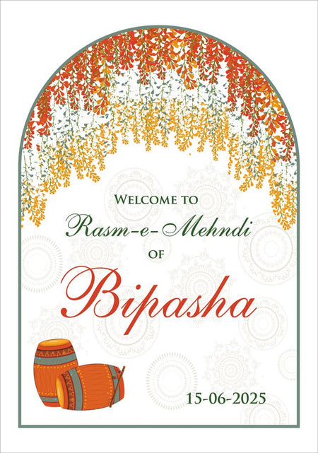 A1 Mehndi welcome board with arch design, hanging floral stems, and dholki illustration from Shaadi card.com