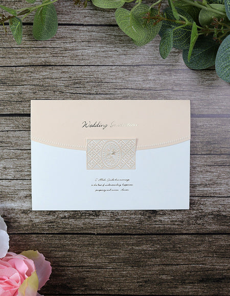 Front view of 3063M Cream and Peach Islamic Wedding Invitation, showcasing a 2-fold design with gold foiled 'Wedding Invitation' text on a peach background and a pearl diamante accent on the ivory base