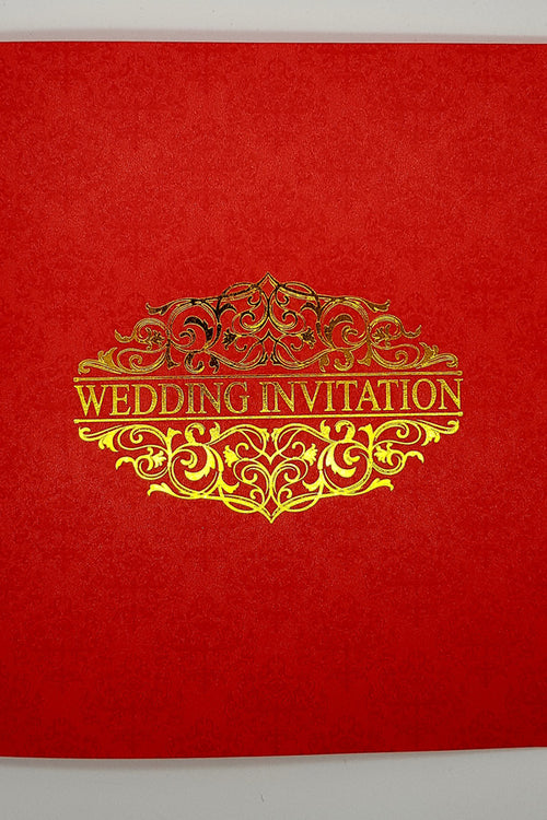 Load image into Gallery viewer, ABC 946 Large Square Red &amp; Gold Damask Wedding Invitation
