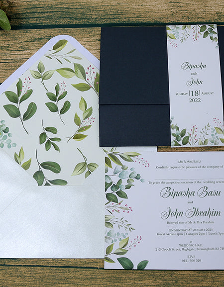 PCM Green Elegant A5 Sized Invitation Card - Dark Green Theme with Leaf Design, Matching Envelope Liner & Band